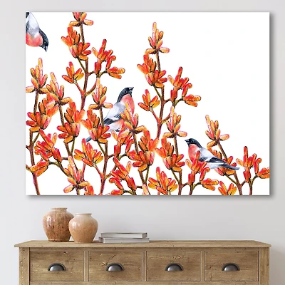 Flock of Bullfinches Birds on Orange Branches Wall Art