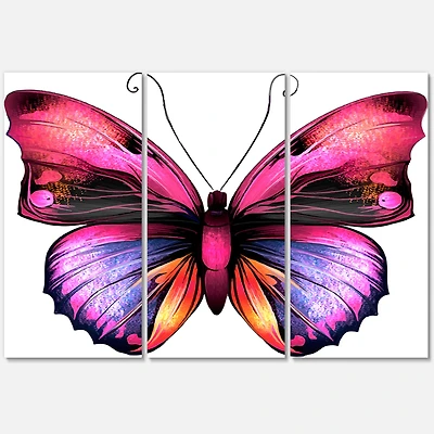 Bright Pink Butterfly Portrait Canvas Wall Art - 3 Panels
