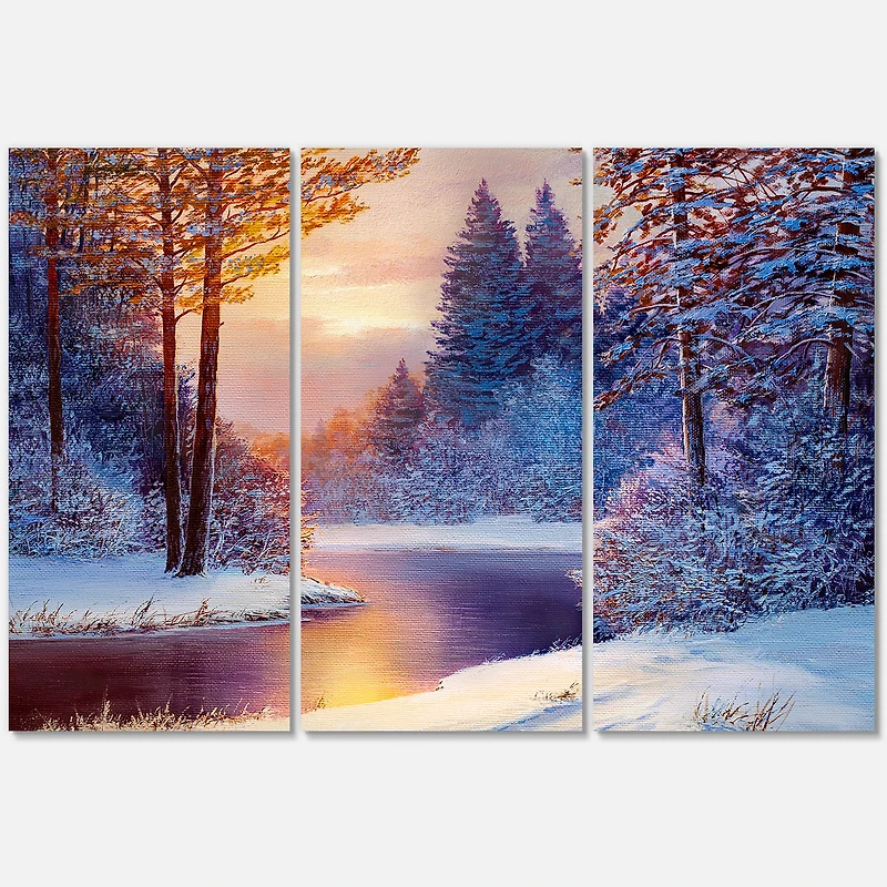 Winding River with Dark Blue Silhouettes of Trees  Canvas Wall Art