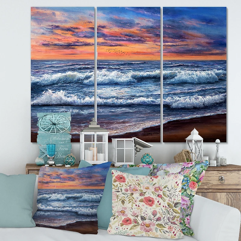 Sunset Over The Blue Ocean II Canvas Wall Art - 3 Panneaux