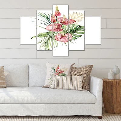 Tropical Bouquet with Anthurium Lupine & Leaves I Canvas Wall Art Print Panels