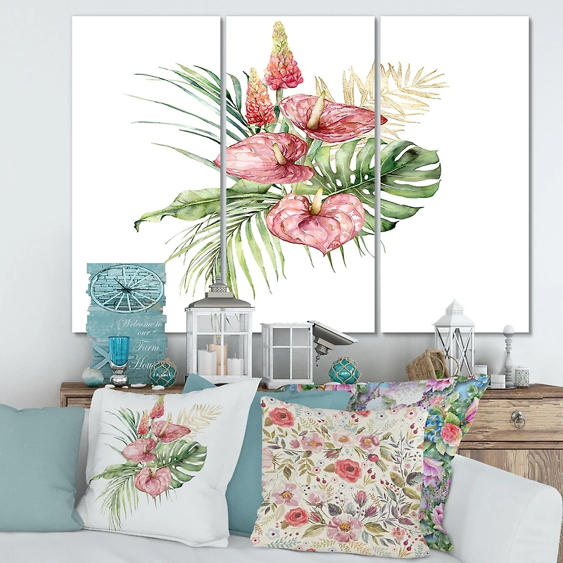 Tropical Bouquet with Lupine Plumeria Palm Leaves Canvas Wall Art Print Panels