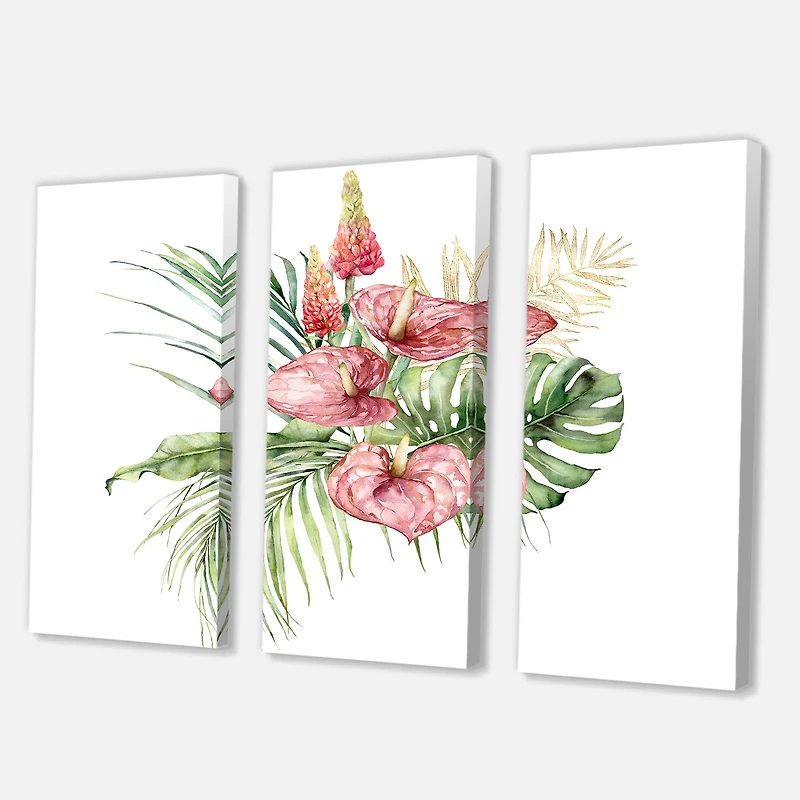 Tropical Bouquet with Lupine Plumeria Palm Leaves Canvas Wall Art Print Panels