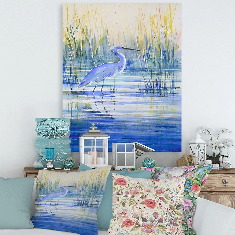 Blue Heron on The Lake Shore At Sunset Canvas Wall Art Print
