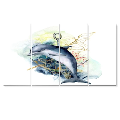 Toile imprimée « Dolphin Turtle Anchor & Linear Coral Reef Plants » rectangulaire
