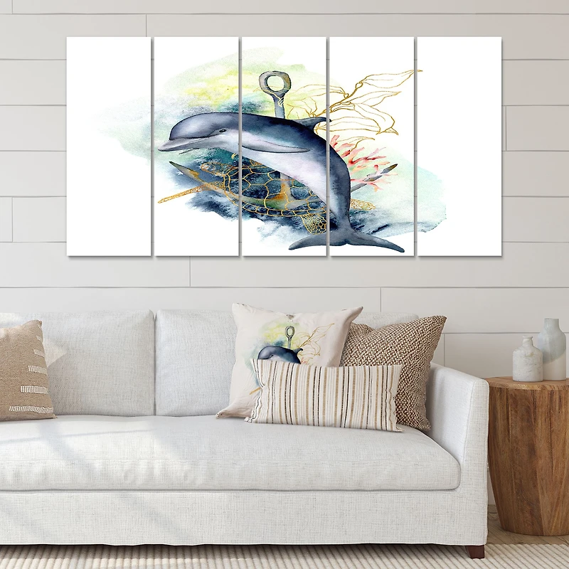 Dolphin Turtle Anchor & Linear Coral Reef Plants Canvas Rectangular Wall Art Print