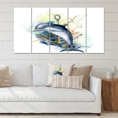 Dolphin Turtle Anchor & Linear Coral Reef Plants Canvas Rectangular Wall Art Print