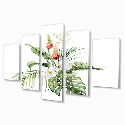 Tropical Bouquet with Lupine Plumeria Palm Leaves Canvas Wall Art Print Panels