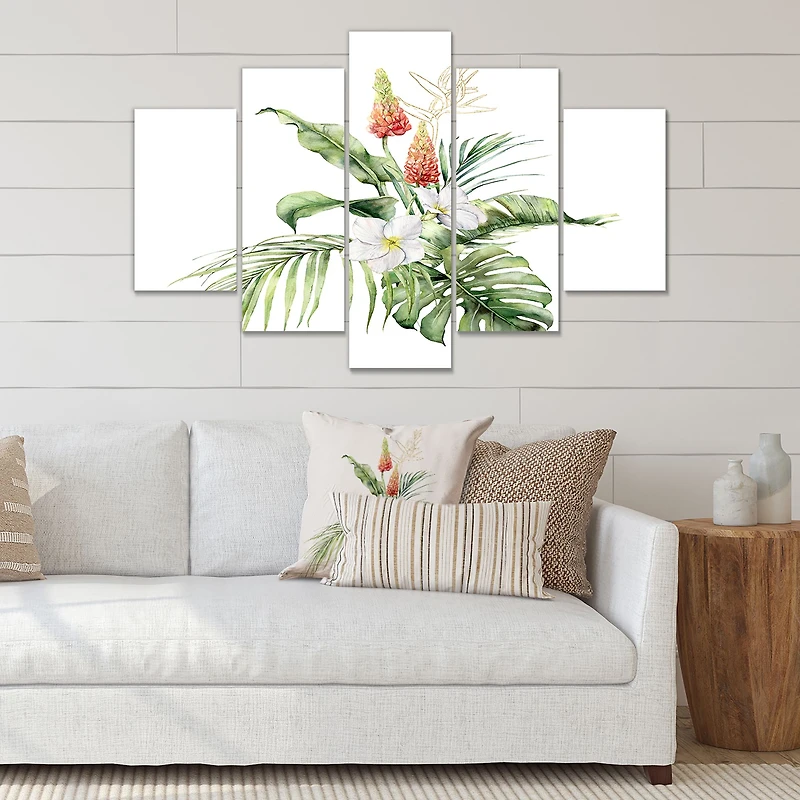 Tropical Bouquet with Lupine Plumeria Palm Leaves Canvas Wall Art Print Panels