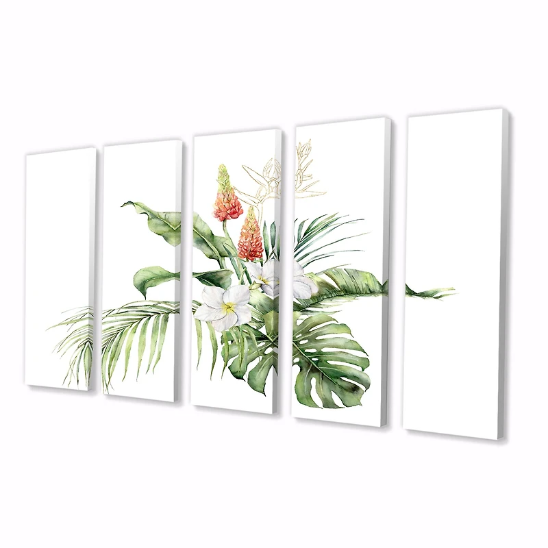 Tropical Bouquet with Lupine Plumeria Palm Leaves Canvas Wall Art Print Panels