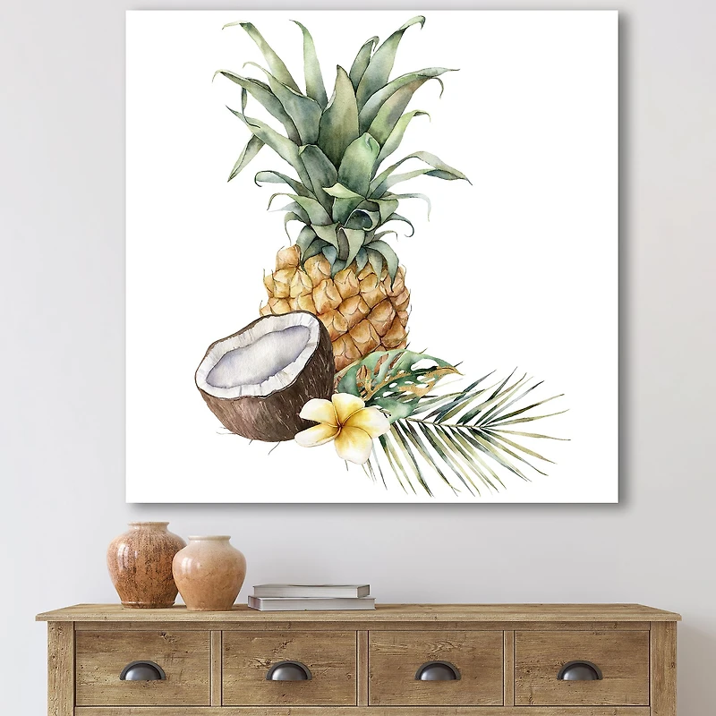 Pineapple with Coconut Plumeria and Palm Leaves  Canvas Wall Art Print