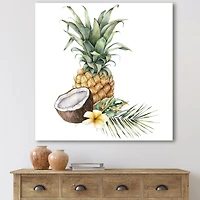 Pineapple with Coconut Plumeria and Palm Leaves  Canvas Wall Art Print