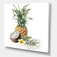 Pineapple with Coconut Plumeria and Palm Leaves  Canvas Wall Art Print
