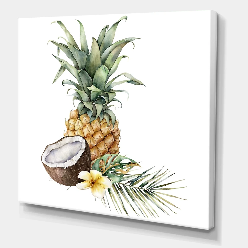 Pineapple with Coconut Plumeria and Palm Leaves  Canvas Wall Art Print