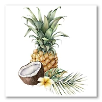Pineapple with Coconut Plumeria and Palm Leaves  Canvas Wall Art Print