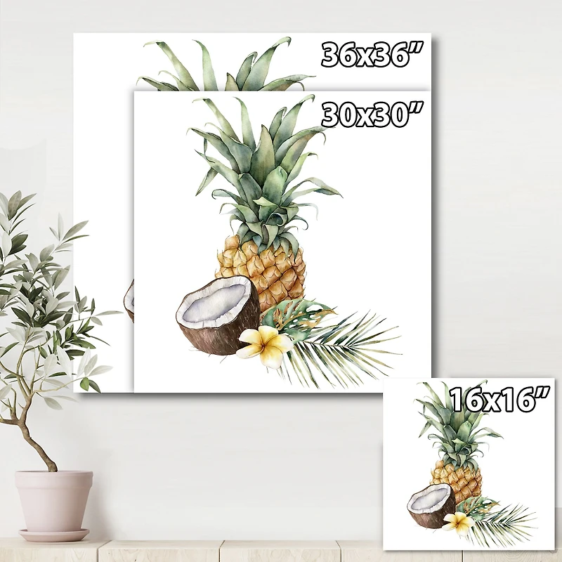 Pineapple with Coconut Plumeria and Palm Leaves  Canvas Wall Art Print