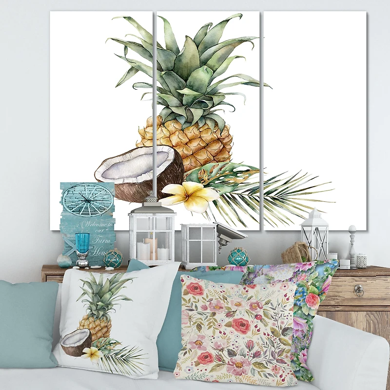 Pineapple with Coconut Plumeria and Palm Leaves  Canvas Wall Art Print