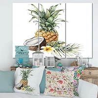 Pineapple with Coconut Plumeria and Palm Leaves  Canvas Wall Art Print