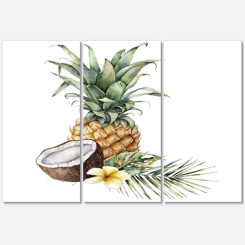 Pineapple with Coconut Plumeria and Palm Leaves  Canvas Wall Art Print
