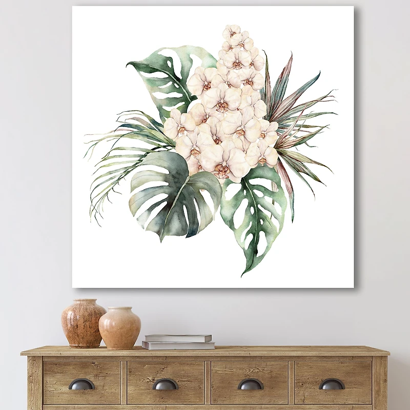 Bouquet with Orchids Monstera and Coconut Leaves Canvas Wall Art Print