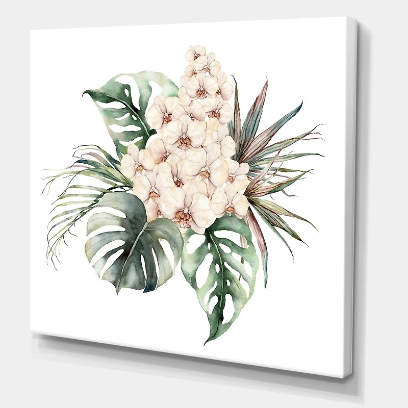 Bouquet with Orchids Monstera and Coconut Leaves Canvas Wall Art Print