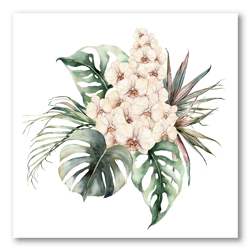 Bouquet with Orchids Monstera and Coconut Leaves Canvas Wall Art Print