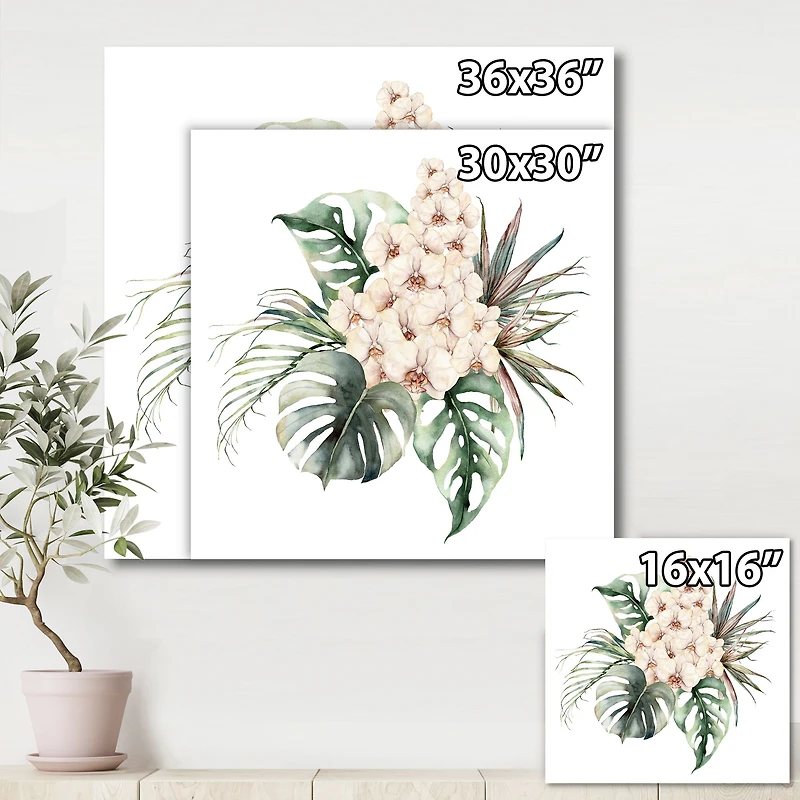 Bouquet with Orchids Monstera and Coconut Leaves Canvas Wall Art Print