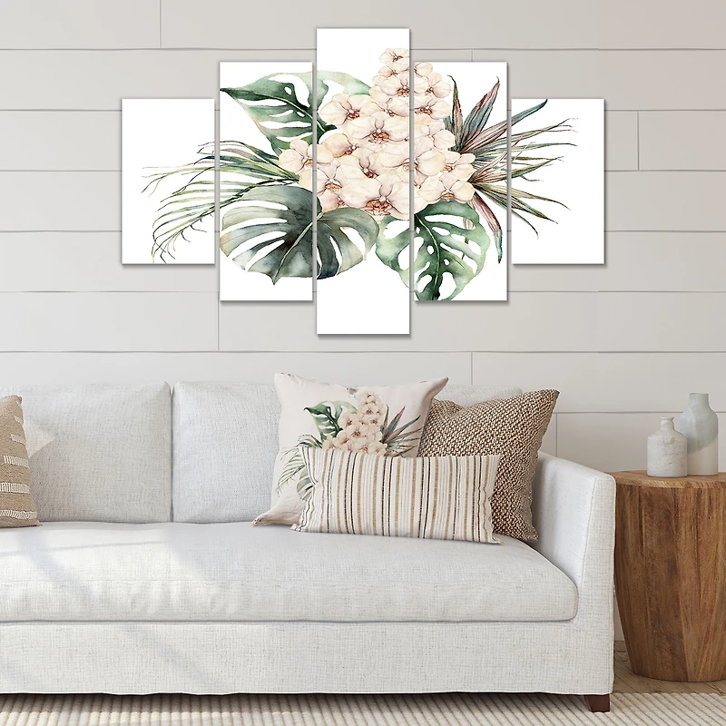 Bouquet with Orchids Monstera and Coconut Leaves Canvas Wall Art Print