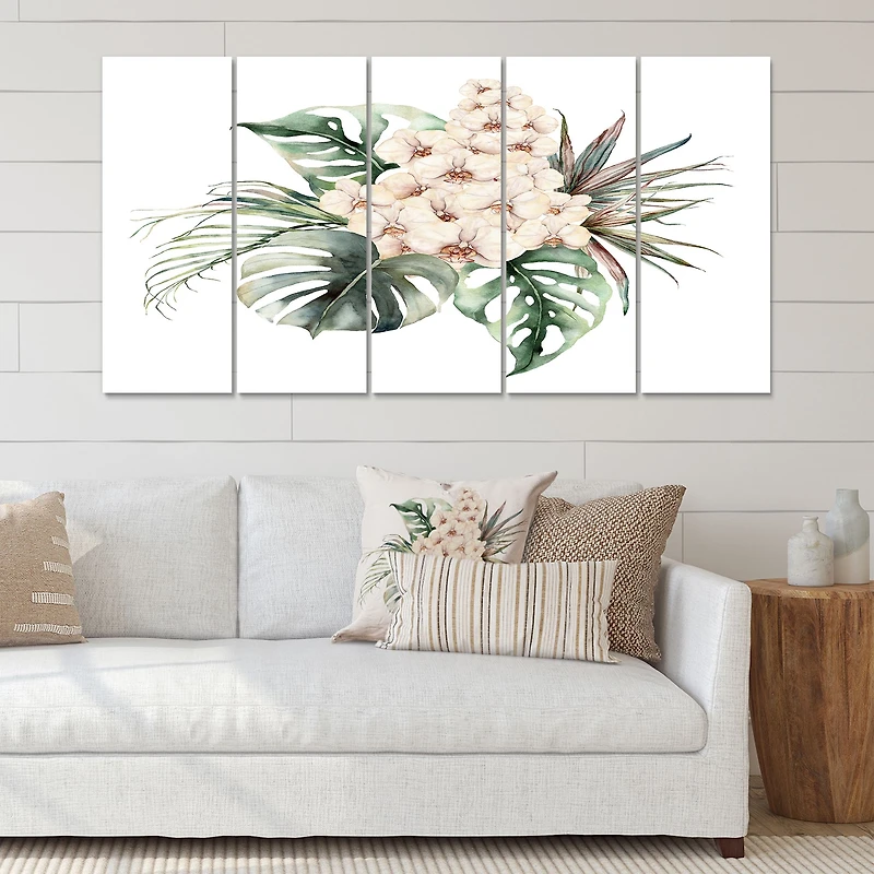 Bouquet with Orchids Monstera and Coconut Leaves Canvas Wall Art Print