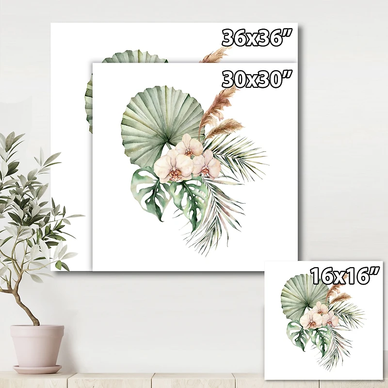 Tropical Bouquet with Orchids Palm Leaves  Canvas Wall Art Print
