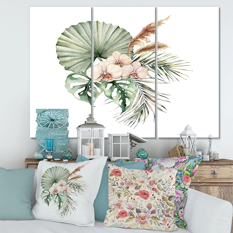 Tropical Bouquet with Orchids Palm Leaves  Canvas Wall Art Print