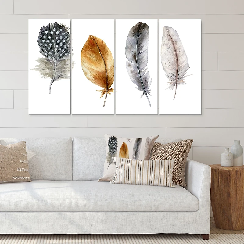 Boho Feather Orange & Blue Striped Polka Dots Canvas Wall Art Print Panels