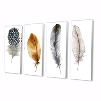 Boho Feather Orange & Blue Striped Polka Dots Canvas Wall Art Print Panels