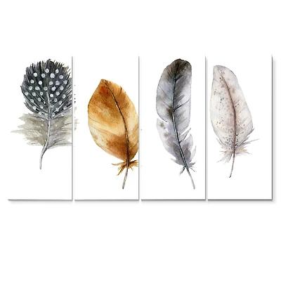 Boho Feather Orange & Blue Striped Polka Dots Canvas Wall Art Print Panels