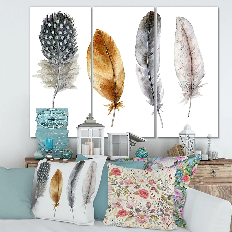 Boho Feather Orange & Blue Striped Polka Dots Canvas Wall Art Print Panels