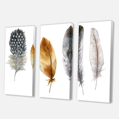 Boho Feather Orange & Blue Striped Polka Dots Canvas Wall Art Print Panels