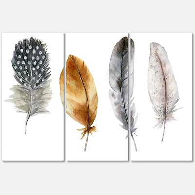 Boho Feather Orange & Blue Striped Polka Dots Canvas Wall Art Print Panels