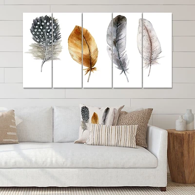 Boho Feather Orange & Blue Striped Polka Dots Canvas Wall Art Print Panels