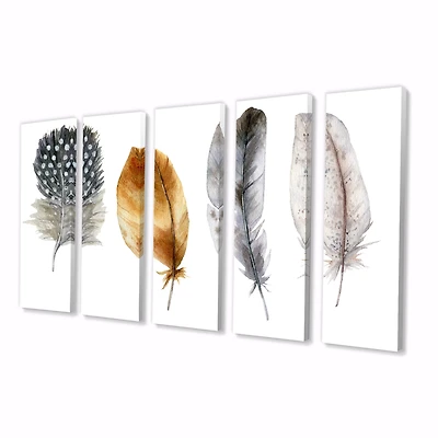 Boho Feather Orange & Blue Striped Polka Dots Canvas Wall Art Print Panels