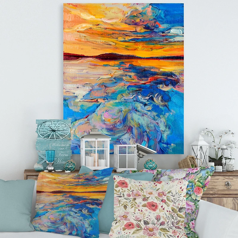 Orange Sunset Over Whirly Blue Waves Canvas Wall Art Print