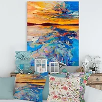 Orange Sunset Over Whirly Blue Waves  Canvas Wall Art Print