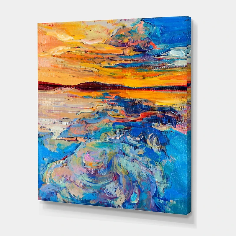 Orange Sunset Over Whirly Blue Waves Canvas Wall Art Print