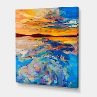 Orange Sunset Over Whirly Blue Waves  Canvas Wall Art Print