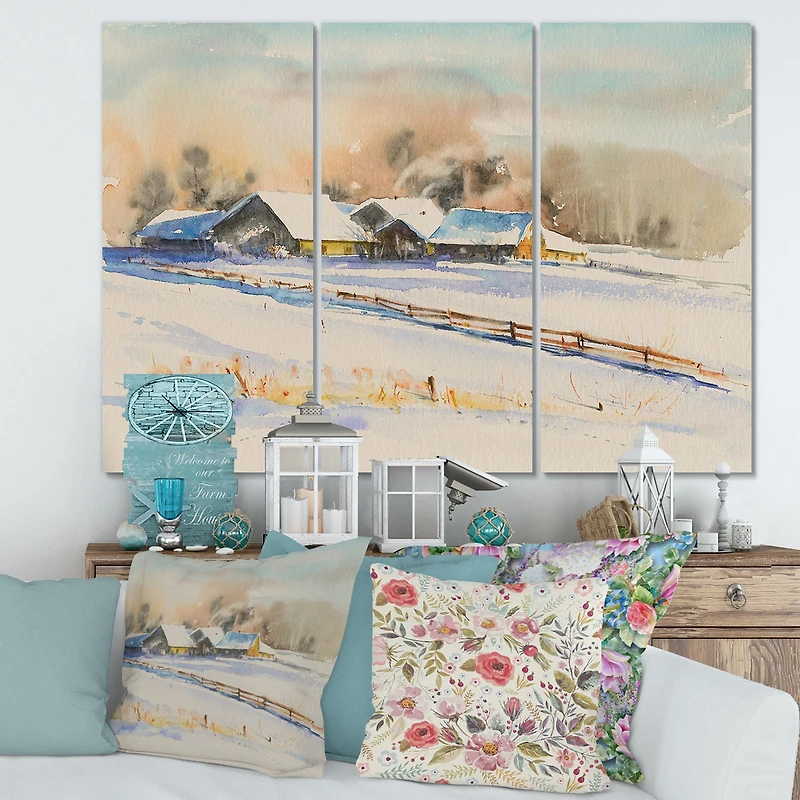 Small VIllage At Sunset Covered with Snow  Canvas Wall Art Print