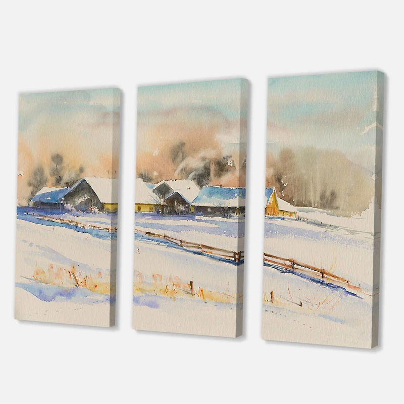 Small VIllage At Sunset Covered with Snow  Canvas Wall Art Print