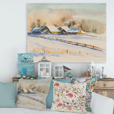Small VIllage At Sunset Covered with Snow  Canvas Wall Art Print
