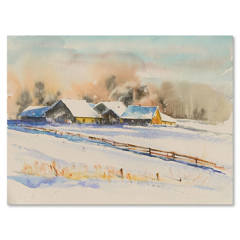 Small VIllage At Sunset Covered with Snow  Canvas Wall Art Print