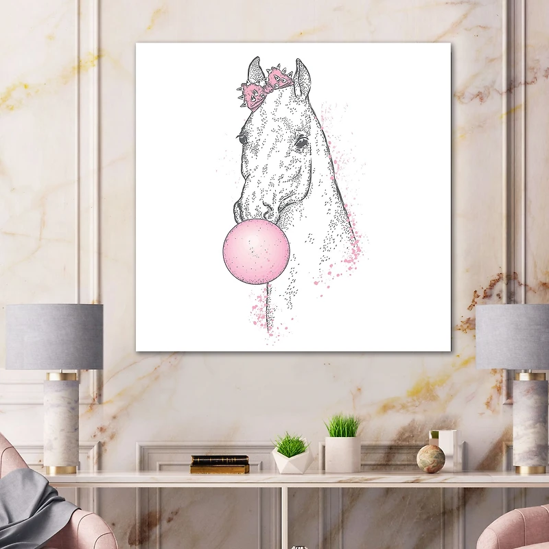 White Horse with Pink Bubble Gum  Canvas Wall Art Print