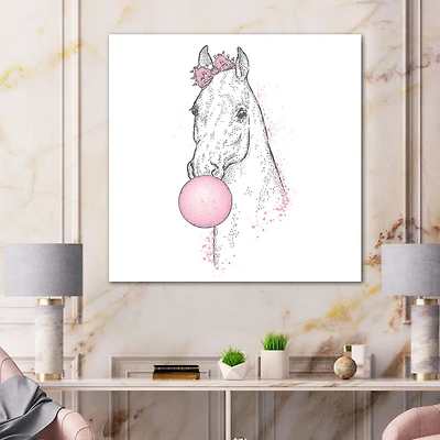 White Horse with Pink Bubble Gum  Canvas Wall Art Print