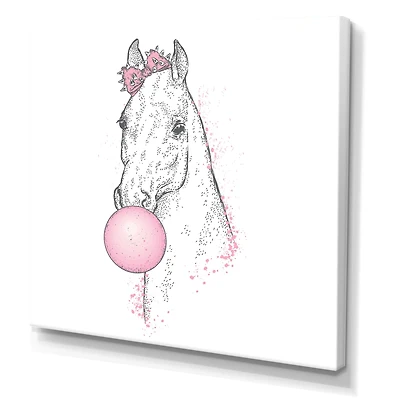 White Horse with Pink Bubble Gum  Canvas Wall Art Print